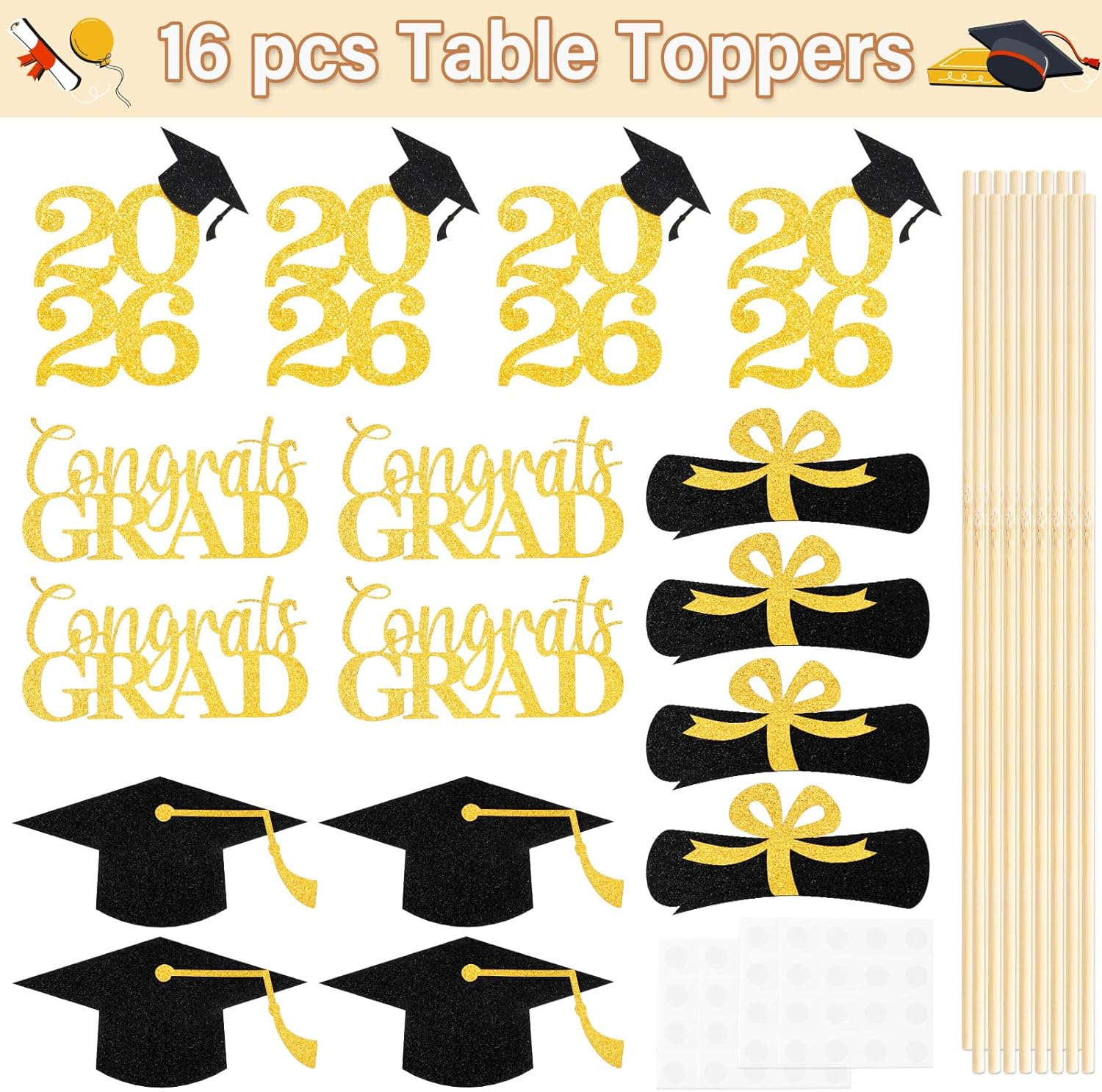 Class of 2026 Graduation Decorations – 16PCS Graduation Centerpiece Sticks, Grad Cap Table Toppers for High School College Graduation Party Table Decor