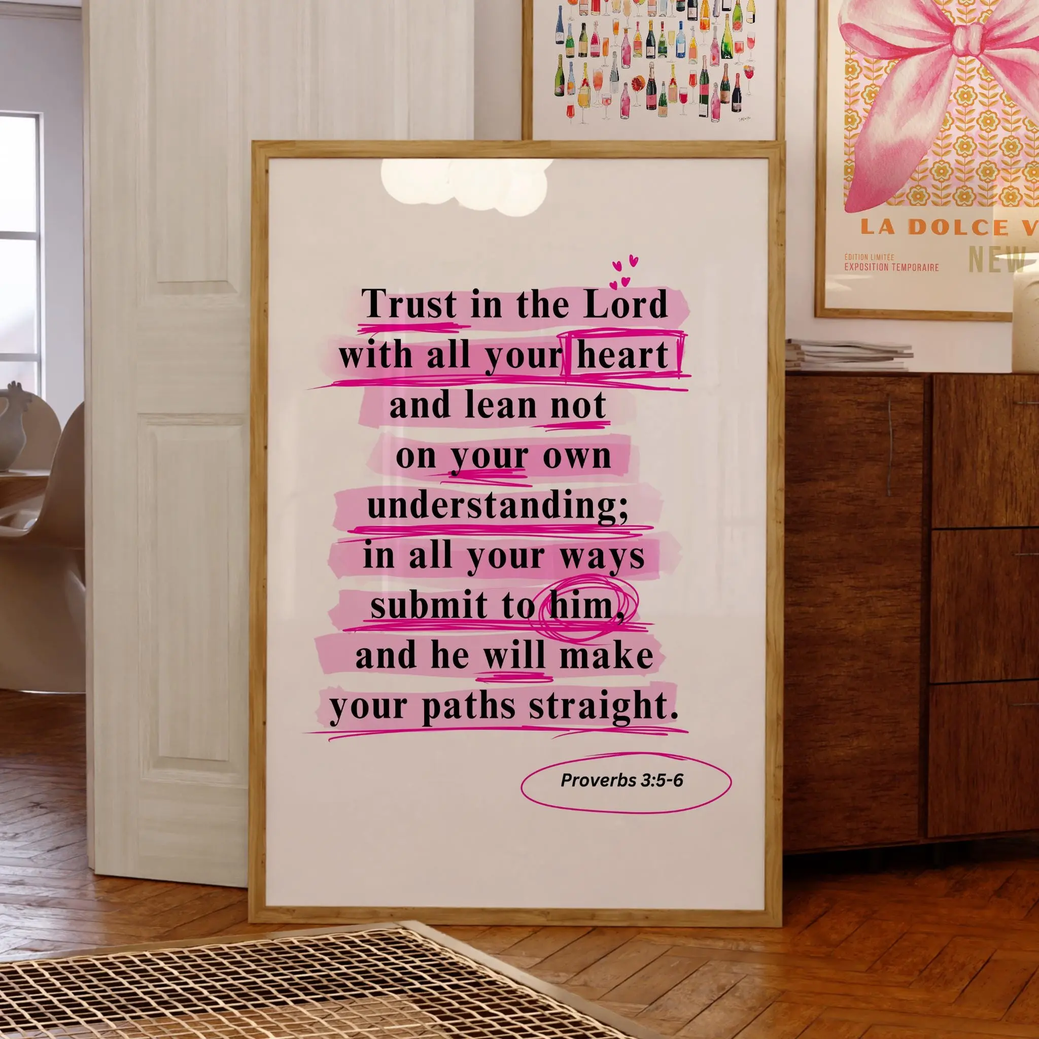Waterproof Unframed Style Christian Proverbs Scripture Print - Durable Blush Pink Modern Trendy Bible Verse Wall Decoration for Bedroom, College Dorm Decor, Home Supplies