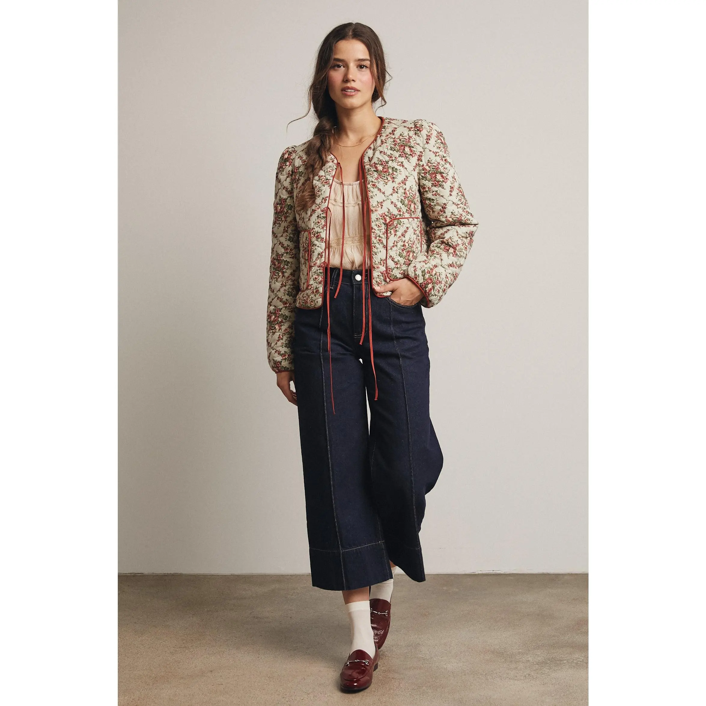 Rose Print Quilted Tie Jacket - Light Sage
