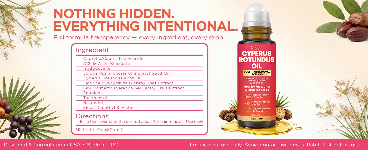 Okaga Cyperus Rotundus Oil | Natural Post-Hair Removal Roll-On | Armpit, Face, Chin, & Targeted Areas | Unscented | 60mL