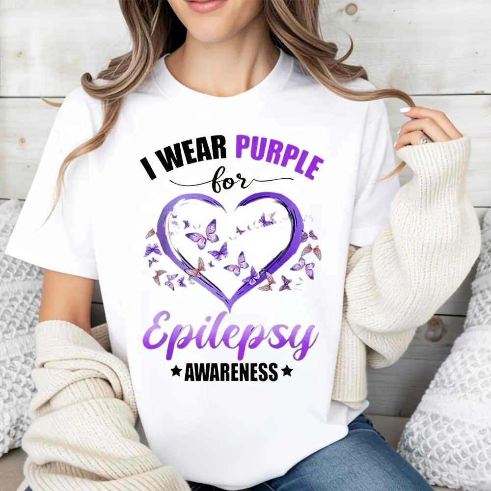 I Wear Purple For Epilepsy Awareness Heart Butterfly Print T-Shirt, Epilepsy Awareness Month Support Gift, Casual Daily Wear