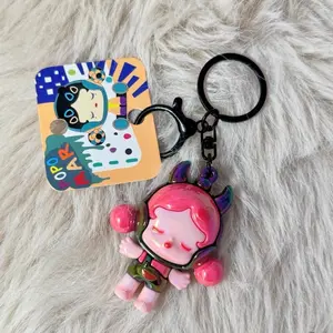 Really Cute Pink and Hot Pink Demon Girl Keychain Really Vibrant with Colorful Design and Black Ring