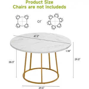 Round Dining Table, 47.24 Inch Kitchen Table for 4-6 People, Wooden Faux Marble Dinner Room Table with Gold Base, Circle Modern Small Table for Home Dining Room Kitchen Restaurant (White)