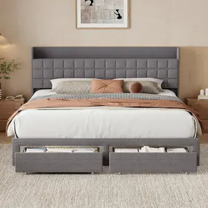 Heavy Duty Upholstered Platform Bedframe with Fabric Upholstered Headboard - Contemporary Furniture, Queen Bed Frame, 2 Metal Storage Baskets, Platform Bed Design