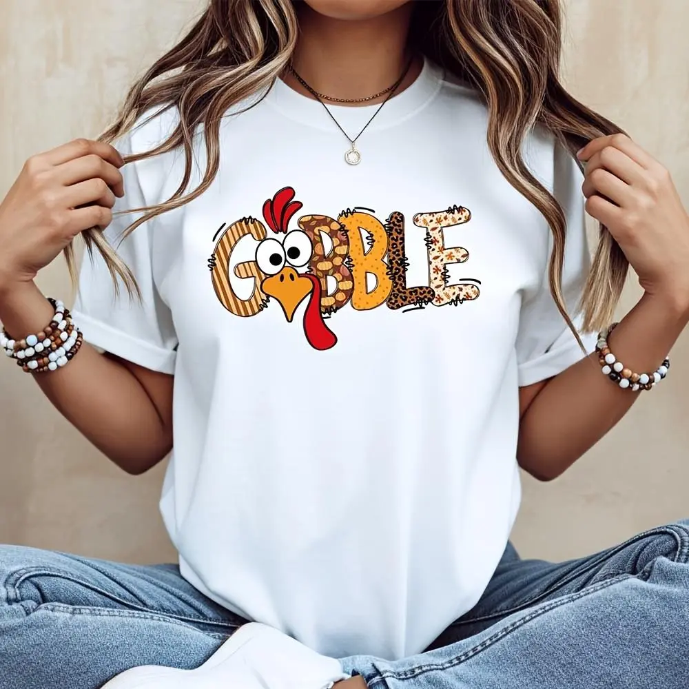 Gobble Turkey Graphic Print T-Shirt, Thanksgiving Holiday Festival Top, Casual Autumn Wear