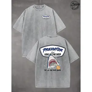 Shark Surfing Pattern Vintage Washed T-Shirt, 230GSM Heavy Cotton Unisex Crew Neck Tee, High Quality Double Sided Print Retro Street Style, Casual Top for Beach Travel Outdoor Sports, Perfect Gift for Men Women