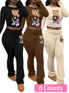 Women's Cartoon Bear Print Fitted Long Sleeve Crop Tee & Flare Leg Pants Set, Casual Round Neck Top & Bell Bottom Trousers for Spring & Fall, Women's Clothes for Daily Wear, Y2k Clothing Sets, Going Out Sets, Flared Pants, Casual Loungewear Set