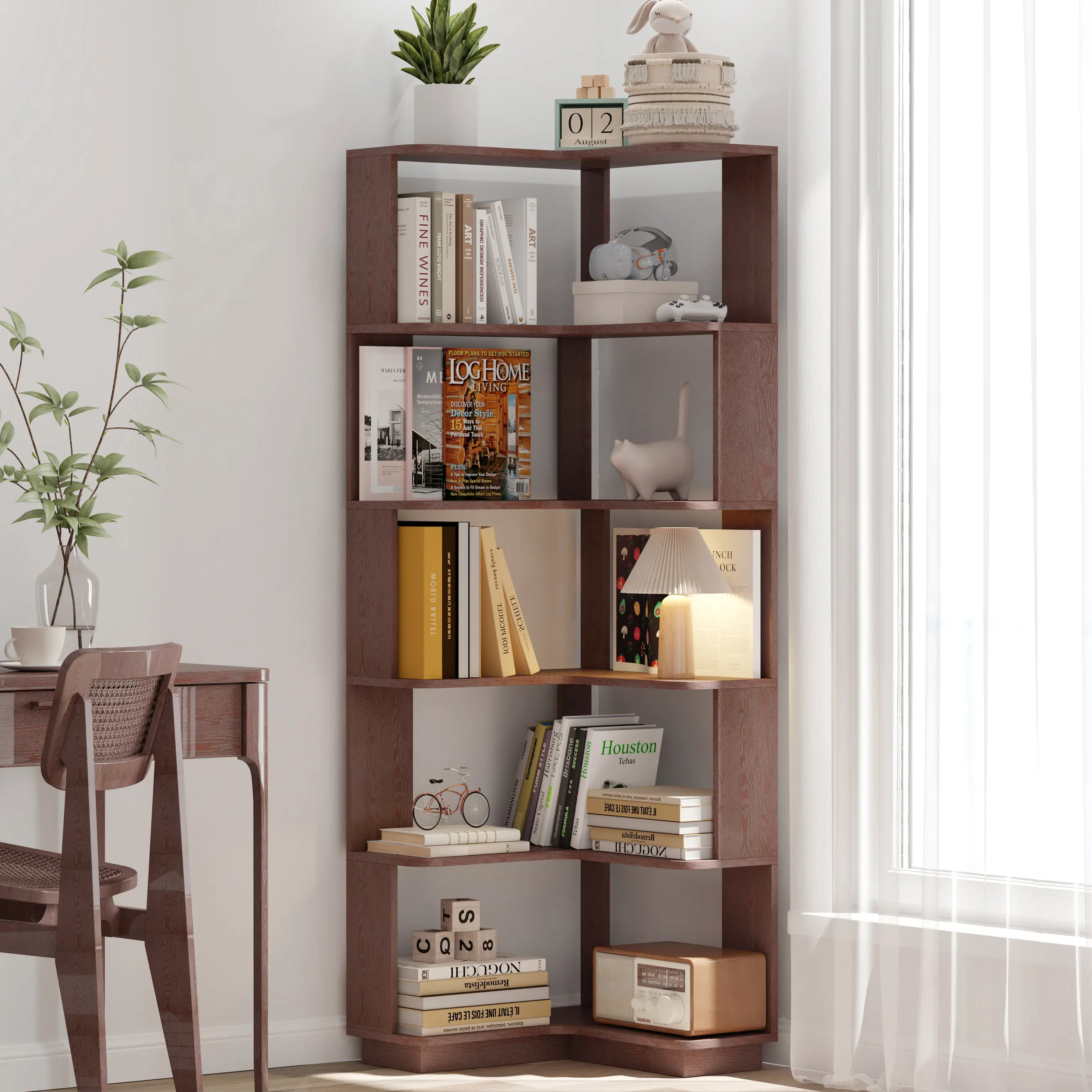6-Tier Dark Red L-Shaped Corner Bookcase - Freestanding Particle Board Corner Shelf with Anti-Drop Panels, Anti-Tip Kit for Home Office, Commercial Open Display Use