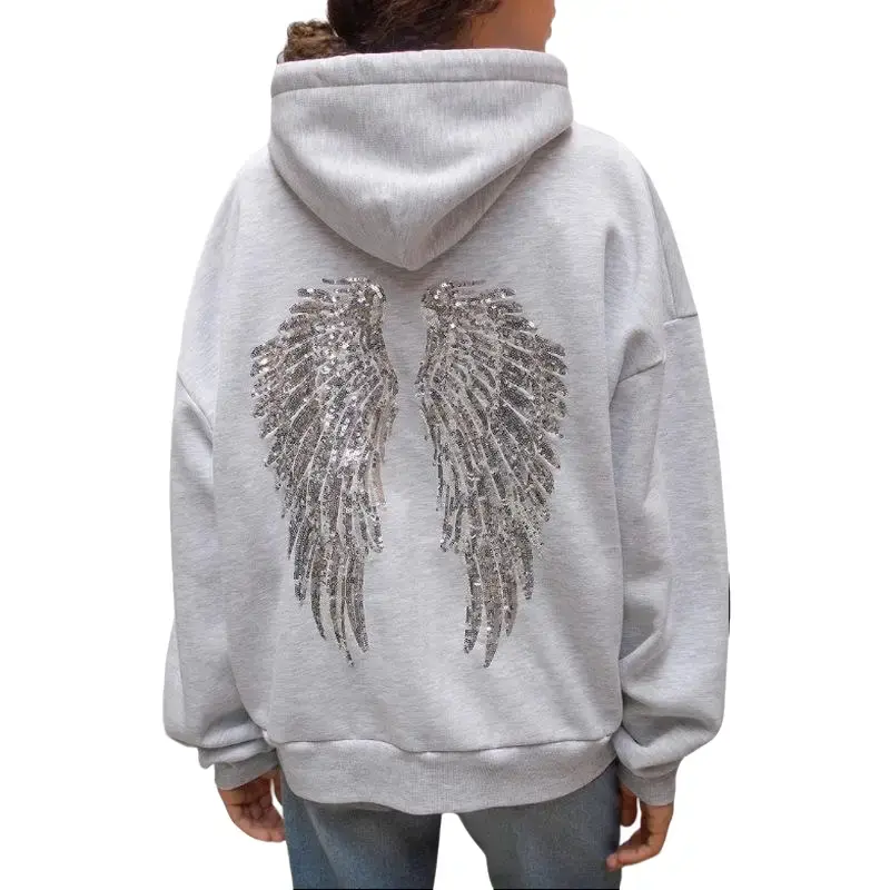Sequin Angel Wings Sports Sweatshirt For Women Y2k Oversize Solid Hooded Gothic Shinny Sequin Angel Wings Casual Pullover Hoodies Fit Style