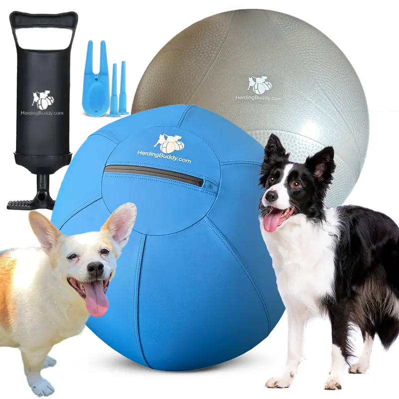 Large Interactive Dog Herding Ball Toy - Heavy-Duty Dual-Layered Polyester Mix Cover, Thick Anti-Burst PVC Core, Indoor Training Ball, Boredom Relief, Chase & Herd Fun, Handle Grip for Corgis