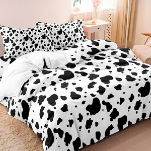 3Pcs Black And White Cow Pattern Print Duvet Cover Sets Cartoon Reversible Duvet Cover Bedding Set With Zipper, Included 1*Duvet Cover & 2 Pillowcase For Bed Room Guest Room & Dormitory Decoration Soft Bedding Sets