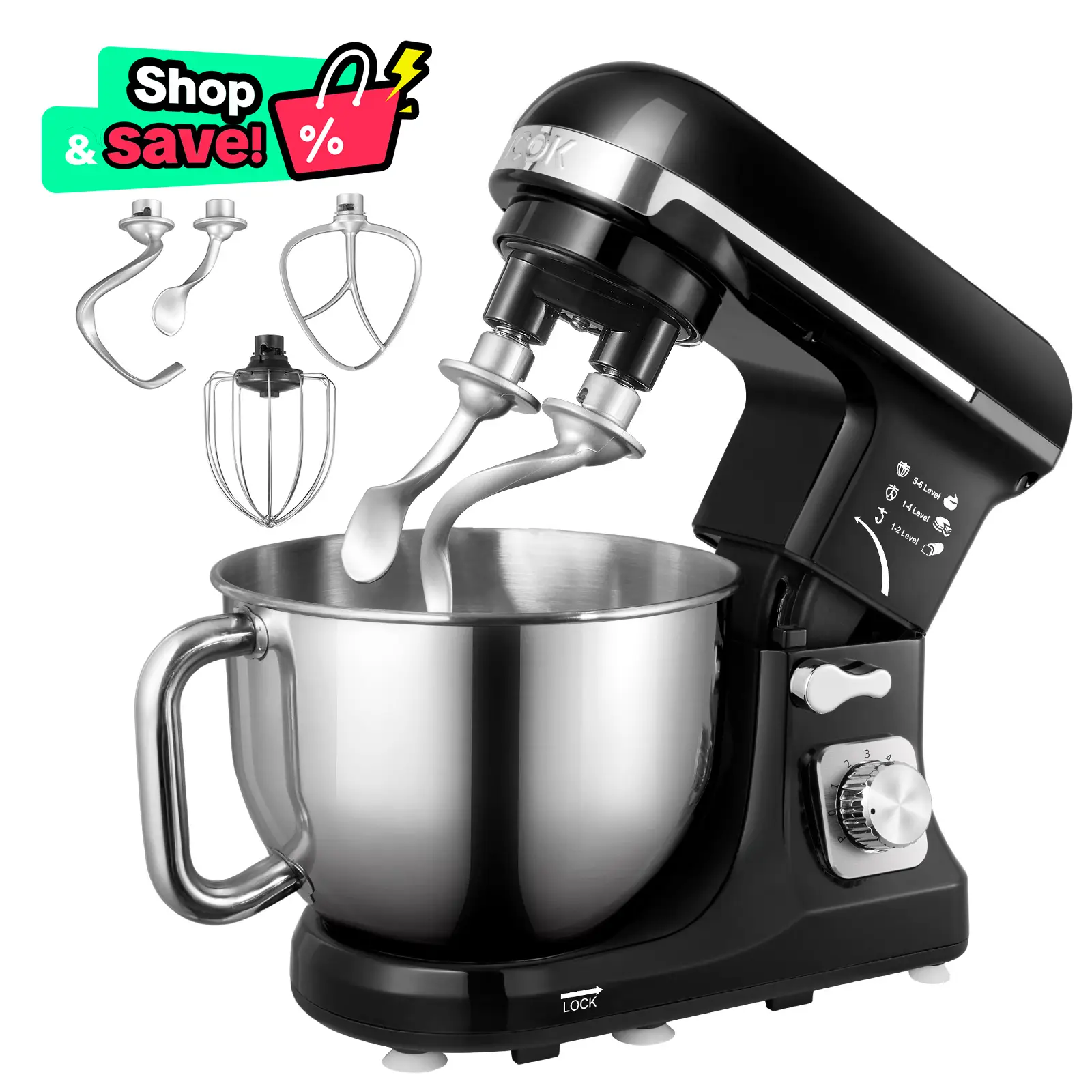 Stand Mixer Fohere, with Double Dough Hook, Wire Whip & Beater, 6+ P Speed Tilt-Head Food Mixer, Pouring Shield for Home Cooking, Dishwasher Safe Stai