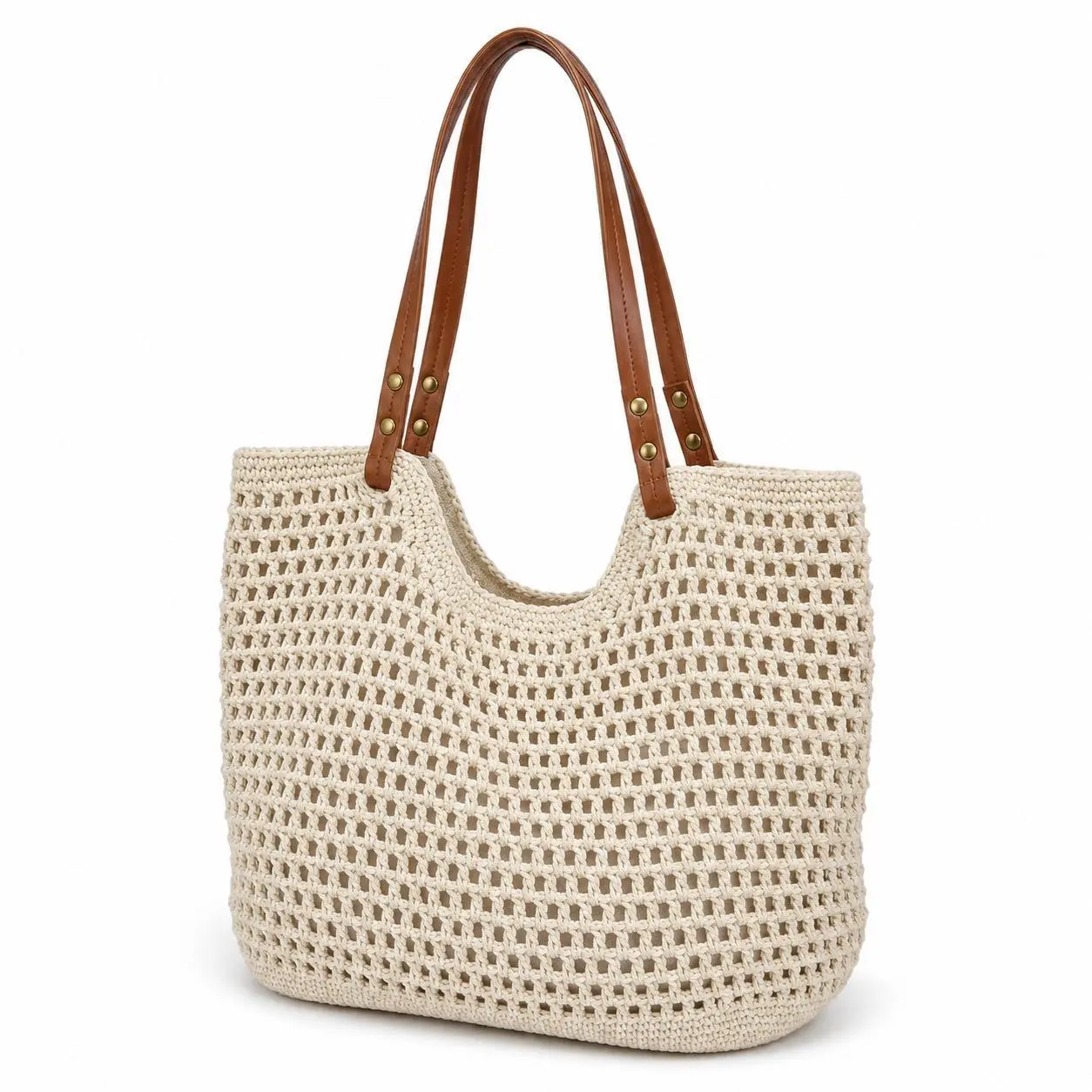 Crochet Tote Bag for Women, Hollow Out Knitted Mesh Shoulder Bag with Faux Leather Handles, Summer Beach Bag, Boho Woven Purse for Travel, Vacation, Shopping & Daily Use