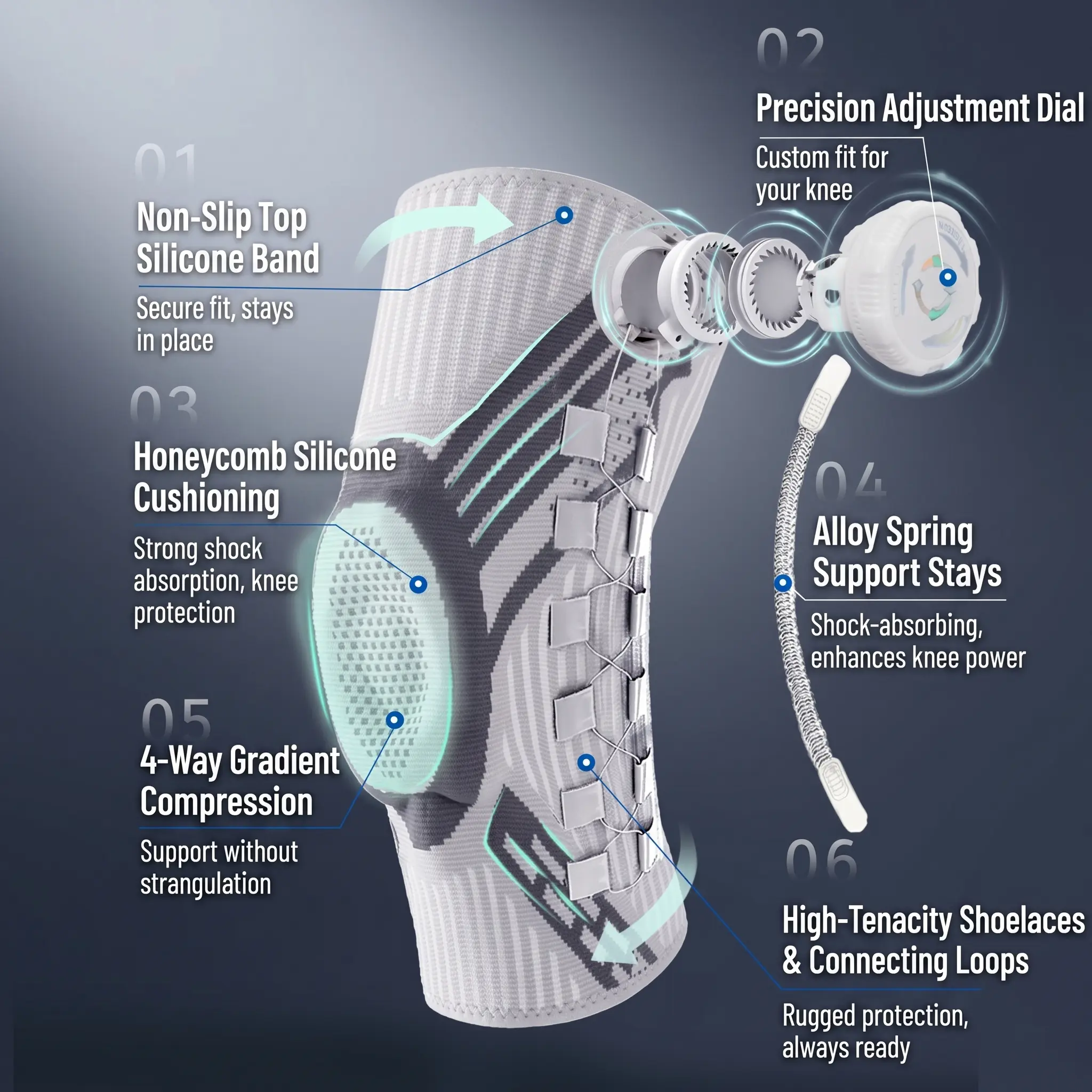 Adjustable Sport Knee Support Brace, Left-Right Separate Design with Alloy Spring Stabilizer, Honeycomb Silicone Cushion, Anti-Slip Compression Sporty Protective Gear, Honeycomb Cushion