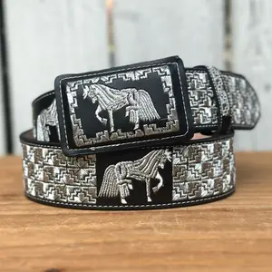Black and Silver “Caballo B” Western Style Belt Made with Genuine Leather and Metallic Thread Embroidery