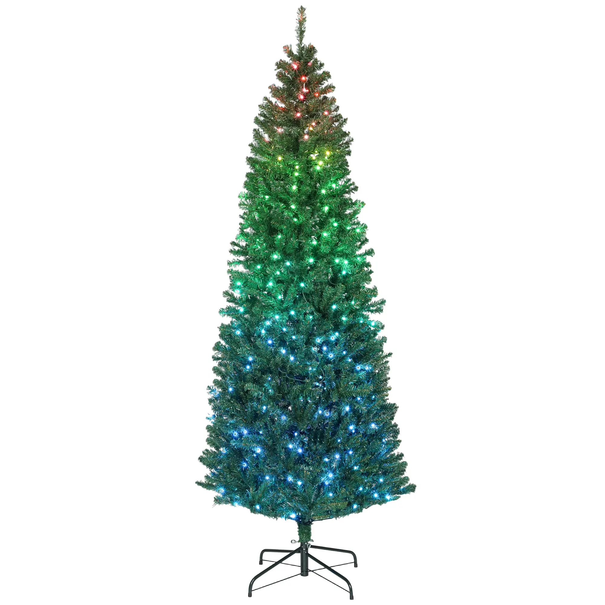 7ft Artificial Christmas Tree with Colorful DIY Synchronized Lights, Remote, Hinged Slim Fir with Daily Timer. 350 LEDs. 1245 Tips. Flame-Retardant