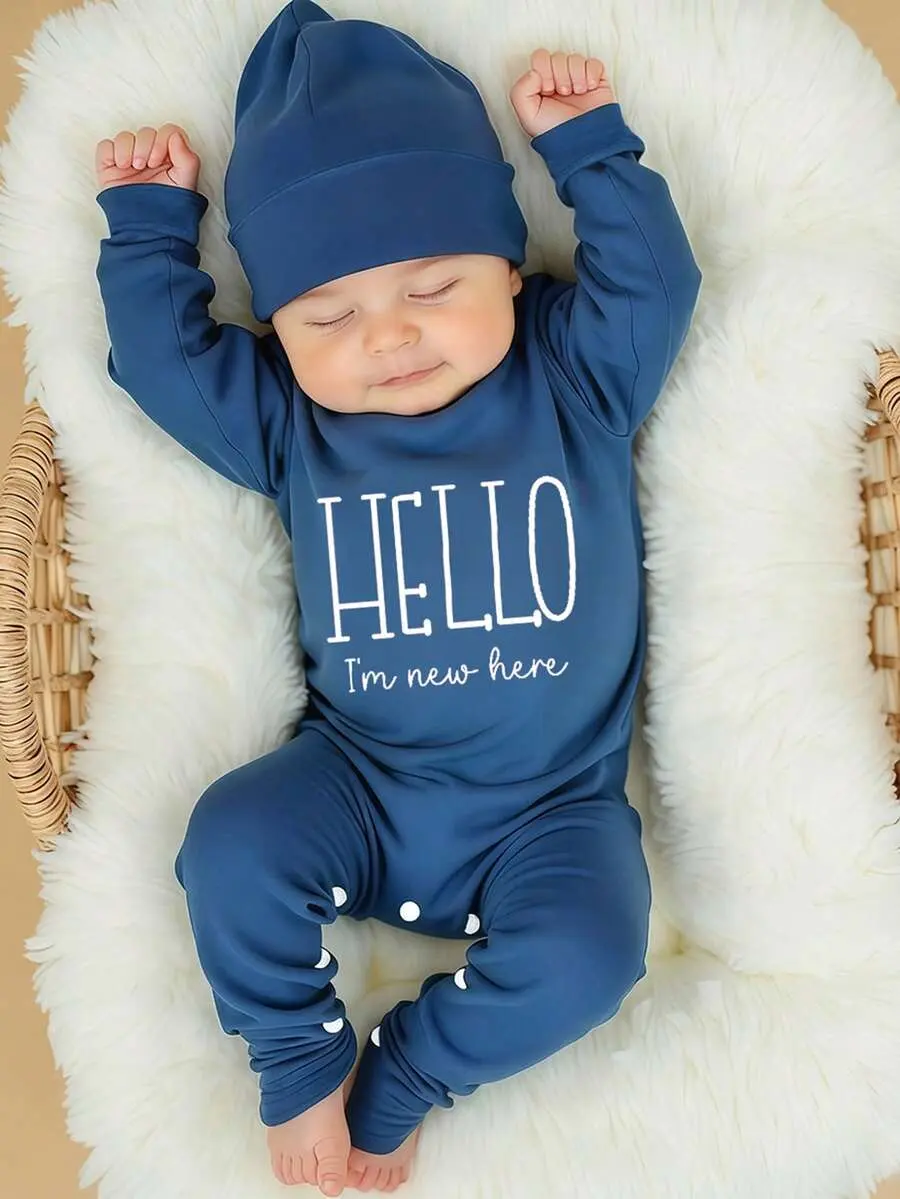 ROSY x  2Pcs Set Newborn Boy Photography Outfits Aqua Blue Little Brother Embroidery Baby Coming Home Outfit Cute Baby Shower Gift Infant Photo Props Autumn