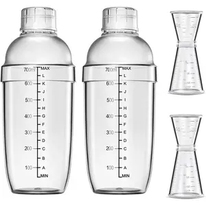 4 Pcs Clear Cocktail Shaker Set, 2 Plastic Bar Shakers with 2 Plastic Double Measuring Cocktail Jiggers for Home Bartending Bar Party