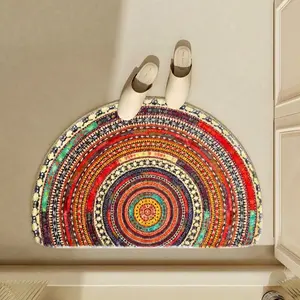 Modern Boho Semicircular Door Mat, Half Moon Non-Slip Floor Rug, Brown Decorative Washable Carpet for Entryway, Bathroom & Living Room, 19x31 Inch