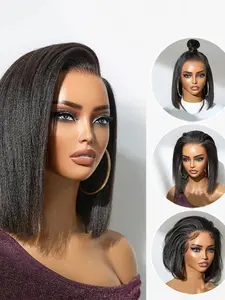 14-Inch Short Soft Yaki Straight Wig, Synthetic Natural Looking, 180 Density Lace Front, Pre-Styled Baby Hair, Heat Resistant, Suitable for All Seasons