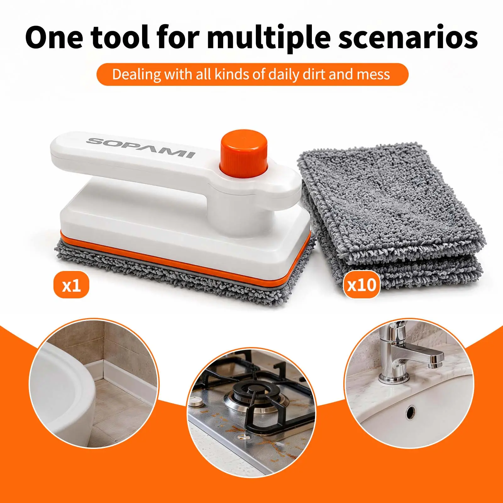 SOPAMI Mini Multi-Surface Cleaning Mop - Easy Lock Handheld Tool with 10 Microfiber Pads, Hands-Free Dirty Pad Disposal, Ideal for Quick Kitchen, Bathroom & Living Room Cleanups