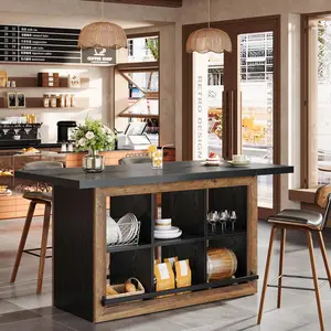 Tribesigns 62.6" Bar Table Brown & Black, Home Bar Unit with 6 Cubbies & Metal Footrests, Counter Height Table for Kitchen & Dining