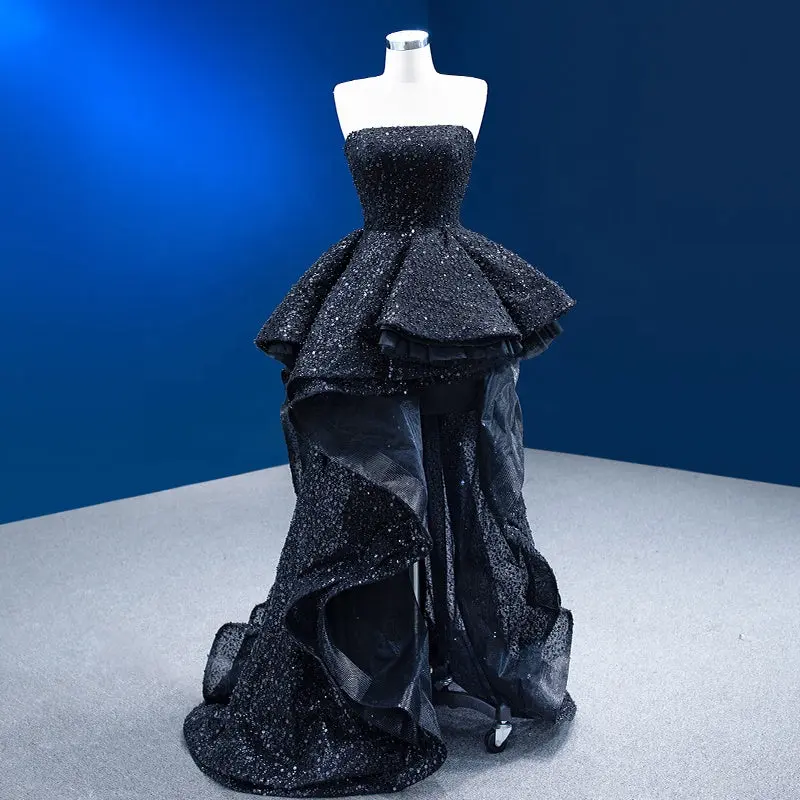 Modern Elegance: Sleeveless High-Low Black Evening Wedding Dress