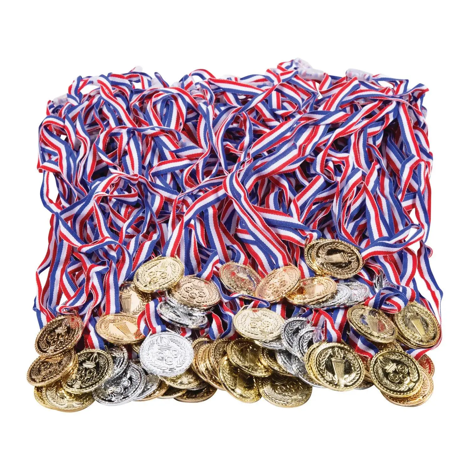 1.5" Bulk Torch Plastic Award Medals with Striped Ribbon, 72-Pc Set for Classroom, Back to School, Field Day School Supplies (Bronze/Silver/Gold Options)