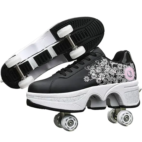 Yousulun Men's 2-in-1 Deformation Steel-Frame Bearing Roller Skates, 1 Pair with 4 Retractable Invisible Double-Row Wheels, Torsion-Resistant PU, Laced, Breathable, Easy to Operate, Comfortable Beginners' Outdoor Leisure Gear