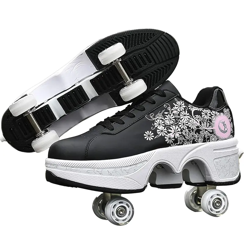 Yousulun Men's 2-in-1 Deformation Steel-Frame Bearing Roller Skates, 1 Pair with 4 Retractable Invisible Double-Row Wheels, Torsion-Resistant PU, Laced, Breathable, Easy to Operate, Comfortable Beginners' Outdoor Leisure Gear