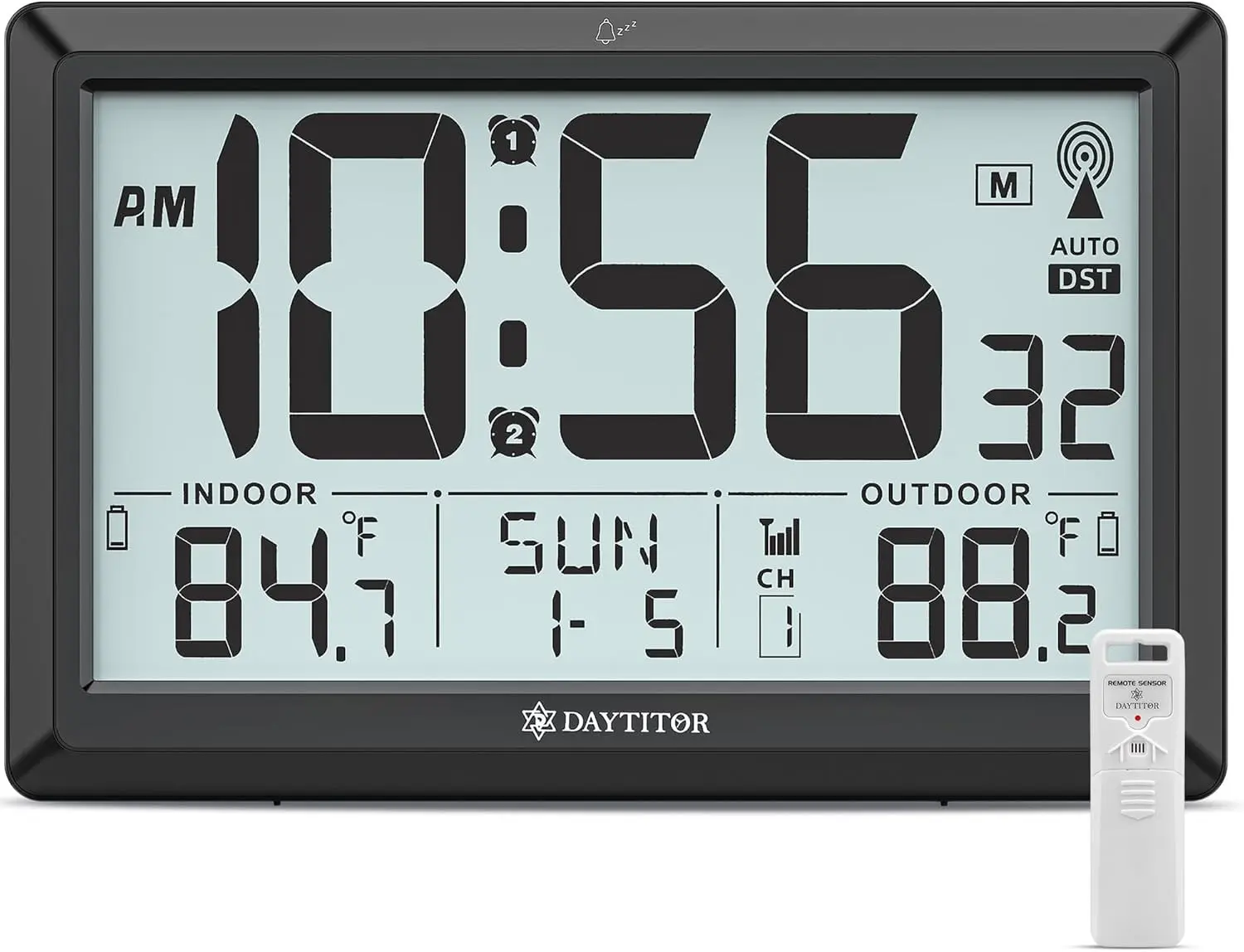 Atomic Clock Wall with Indoor/Outdoor Temp, Battery Operated Digital Wall Clock with 10.5" Large LCD Display, 330ft Range Desk Table Clock with Alarm, DST, Calendar for Living Room Bedrooms, Black