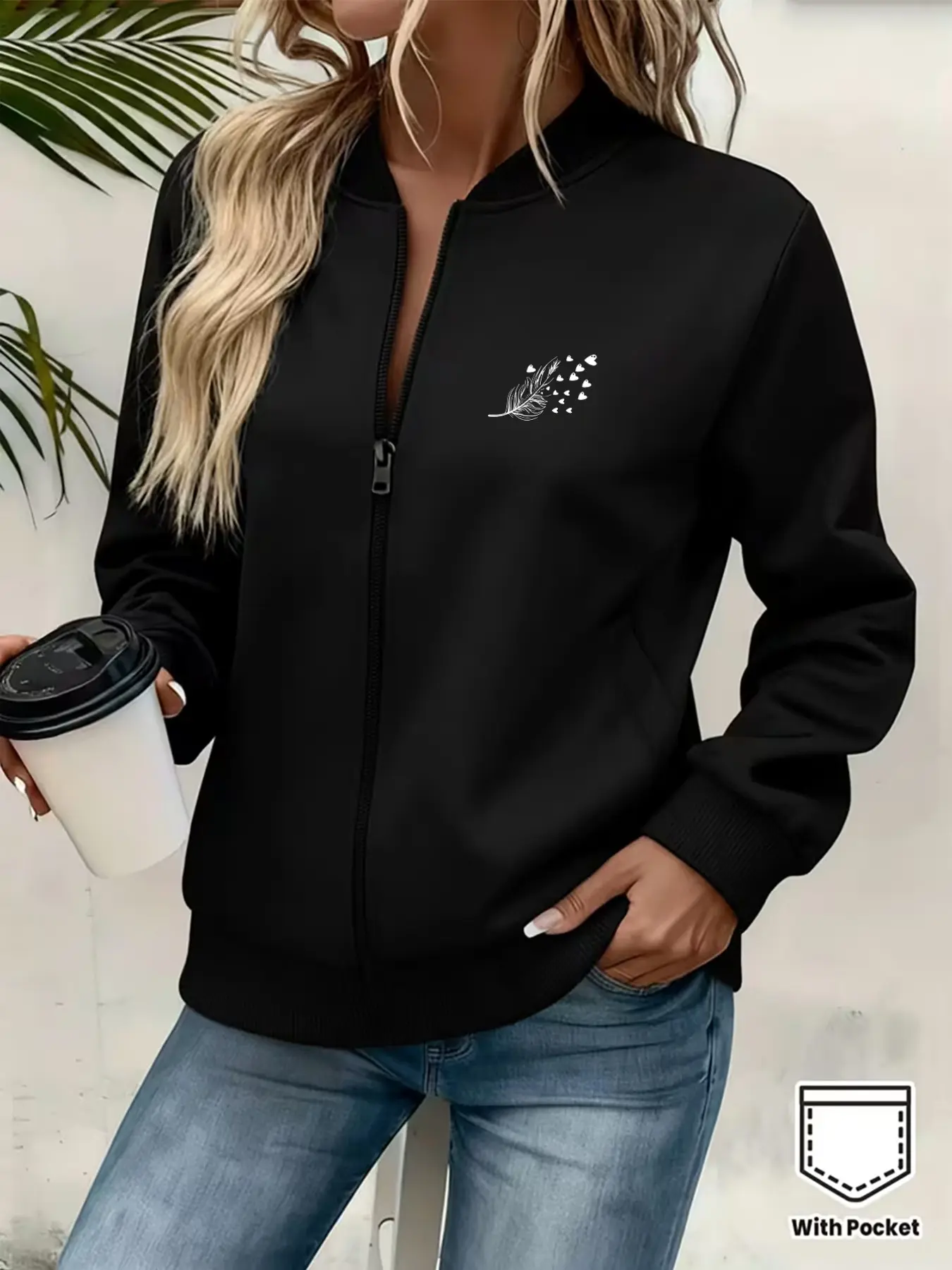 Y2K Style Women's Jacket, Feather Heart Print, Zipper Design, Long Sleeve, Slim Fit, Casual Chic Outerwear, Polyester, All Seasons, Perfect for Outing & Work