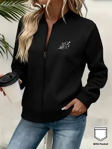 Y2K Style Women's Jacket, Feather Heart Print, Zipper Design, Long Sleeve, Slim Fit, Casual, Polyester, All Seasons, Perfect for Outing & Work