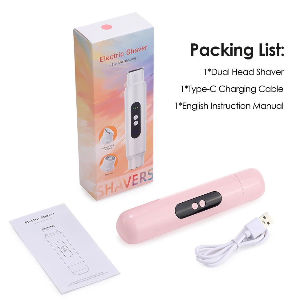 Women's 2-in-1 Dual-Head Electric Shaver Trimmer Hair Remover - Rechargeable Painless Device with IPX7 Waterproof Detachable Stainless Steel & Ceramic Heads, Wet Dry Portable PC Charger Compatible for Face, Bikini Area