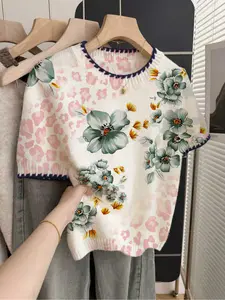 1 piece + French retro loose crew neck elegant short-sleeve contrast trim beige women's knitted top with colorful floral prints, spring and summer top, summer casual women's wear, white top, casual top, knitted Knitwear, Knitting