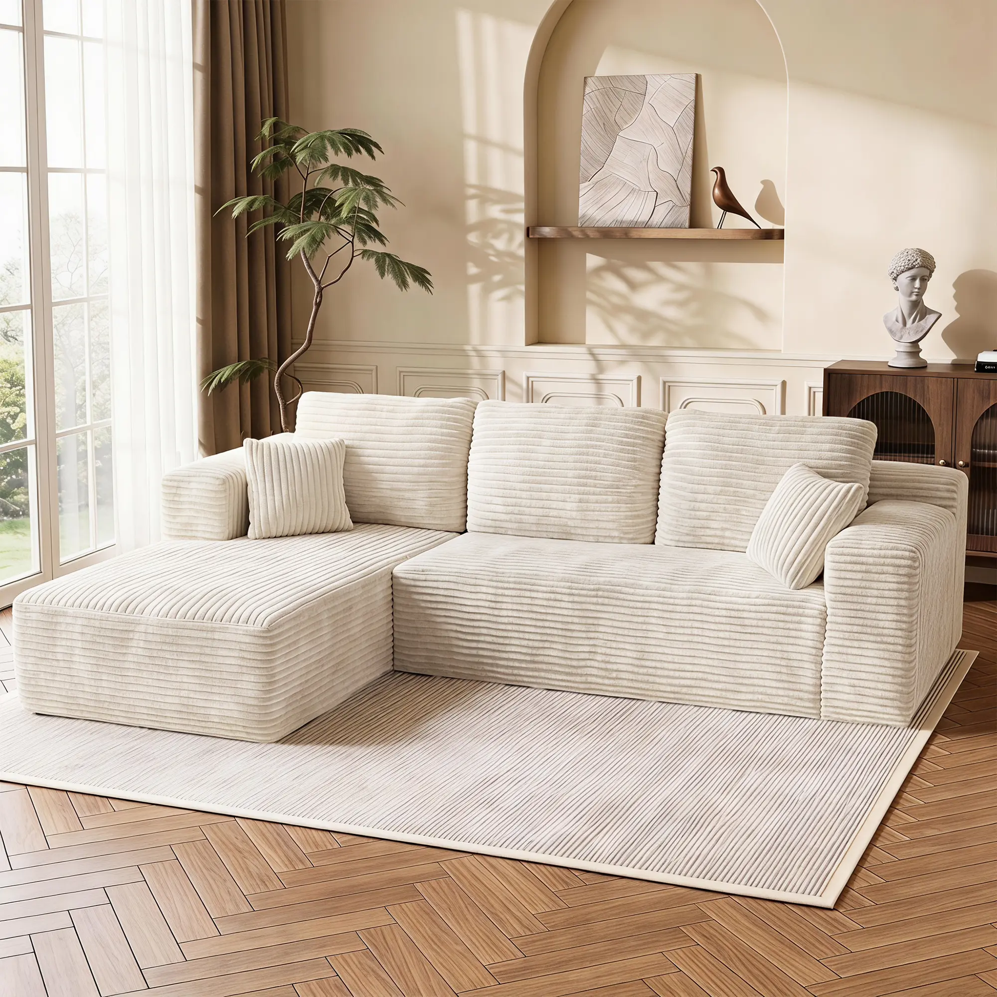 108 Inch Modular L-Shaped Corduroy Sectional Sofa with Chaise Lounge, Moderate Deep Seat Couch, No Assembly Required, Shipped in 2 Boxes for Small Apartments & Living Rooms, Beige