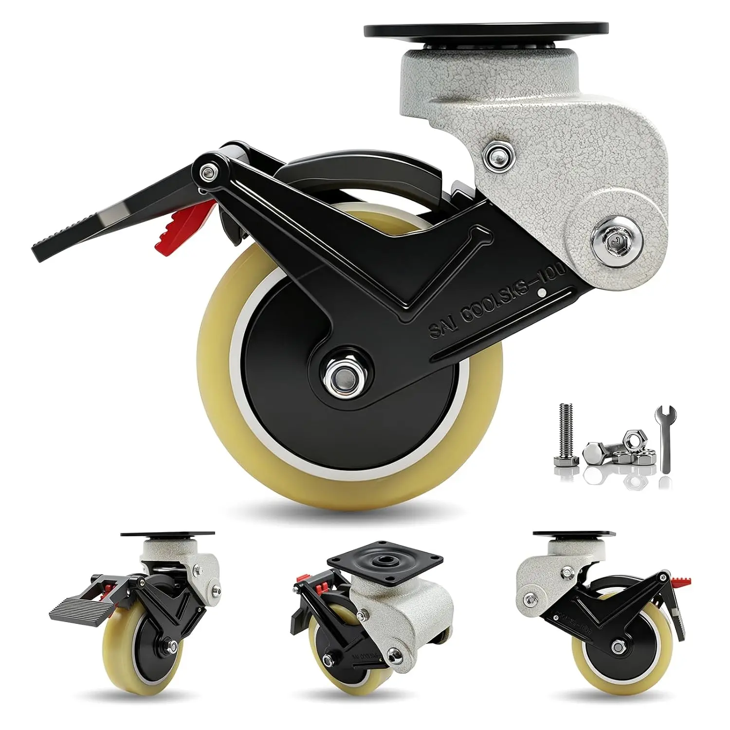 LSWHEE 4 Inch Heavy Duty Caster Wheels Set of 4, Industrial Swivel Casters with Dual Locking Brake, 1200 LBS Capacity, Shock Absorbing PU Wheels for Workbench, Toolbox, Cart, Machinery