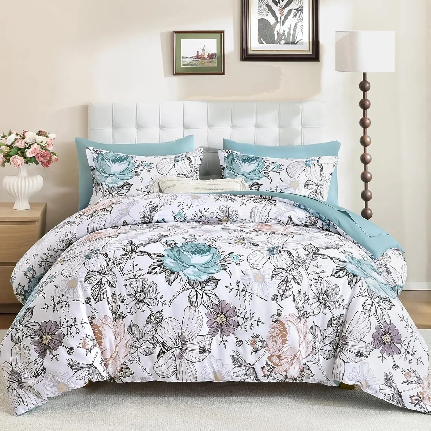 Comforter Set 7 count Bedding Sets,Teal Blue Floral Comforter and Sheet Set,Soft Microfiber Bed in a Bag for  Seasons (Teal Blue,90"x90")