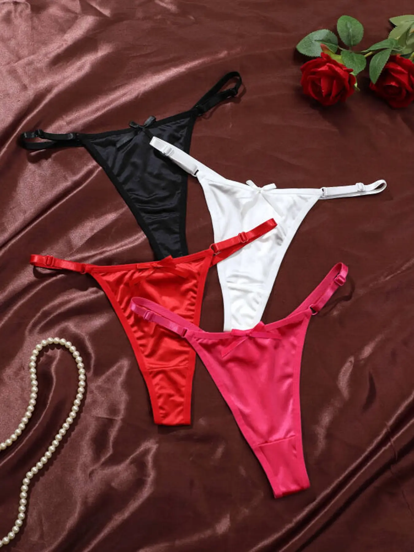 4-Pack Adjustable Strap Bowknot Decorative Solid Color Women's Thong Pants, Sexy Cute Comfortable Breathable Soft Ladies Underwear, Fitted Panties, Soft Comfy Knicker, Fitted Knickers
