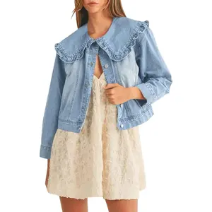 Lannew Womens Denim Jacket Peter Pan Collar Cute Cropped Long Sleeve Shirts Jean Coat with Pockets