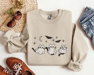 Embroidered Cat Halloween Ghost Sweatshirt, Halloween Cat Shirt