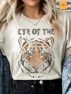 Eye of the Tiger T-Shirt | Distressed Tigers Mascot Graphic Tee | School Spirit Shirt for Women | Game Day Outfit | Tigers Game day T-shirt, Comfortable Stretch, Moves with You, No-Fade Colors, Wash After Wash