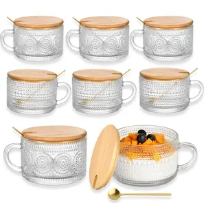 15oz Sunflower Waterdrop Pattern Retro Coffee Cup Set (8 pieces) with handle, metal spoon and bamboo lid, instant coffee cup, dessert drink cup, portable beverage set, glass material, beautiful handmade product