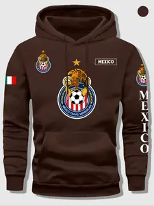 Mexican Flag Football Graphic Letter Print Hooded Fleece Fitted Sweatshirt Set, Men's Casual Long Sleeve Jacket with Hat, Fall & Winter Fashion, Graphic Hoodies, Graphic Sweatshirts