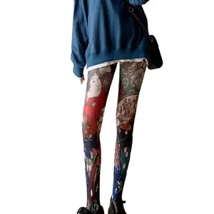 (Suitable for 40–70 kg) Japanese Ukiyo‑e Vintage Art Print Sheer Pantyhose, Y2K Harajuku Portrait Pattern Tights, Aesthetic Spicy Girl Streetwear Leggings for Women