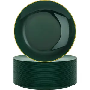 Nervure 100Pcs Green and Gold Plastic Plates - 10.25inch Disposable Green Dinner Plates - Heavy Duty Plastic Plate Ideal for Wedding & Party