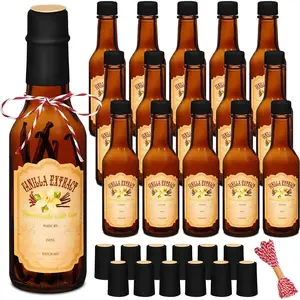 16 count Vanilla Extract Bottles for Homemade Vanilla Jar Glass Bottle with Cap, Shrink Band, Sticker Syrup   Storage Canister for Bean Sauce (Black, Brown,5 oz)