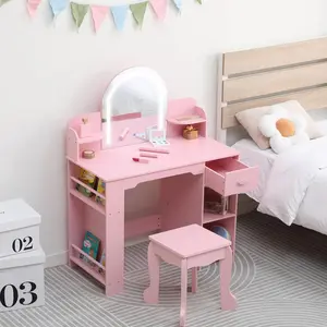 Kids Vanity with Lighted Mirror, 2 in 1 Little Girls Vanity Table & Stool, Kids Makeup with Bookshelf, Drawer & Open Shelves for 3-9 Yrs Girls,Pink