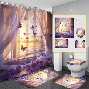 Butterfly Pattern Bathroom Decor Set, 1 Set Including Shower Curtain & Toilet Lid Cover & Floor Mat & Toilet Lid Cover, Bathroom Accessories for Home Decor, Shower Curtain Sets