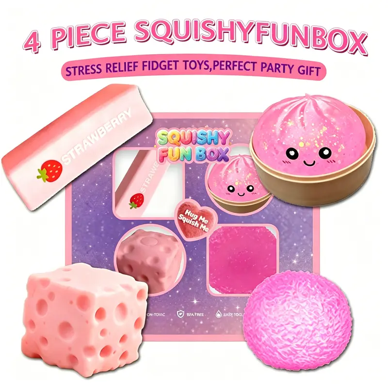 Summerwins 4-Pack Pink Decompression Squishy Set - Soft Silicone Sensory Fidget Toys, Mixed Slow/Fast Bounce, Assorted Shapes for Stress Relief, Kid Girl Gifts for Birthdays & Any Occasion